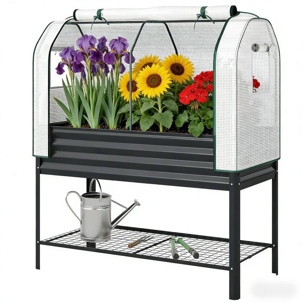 Black Galvanized Metal Raised Garden Bed Planter Box with Greenhouse Cover and Storage Shelf (47.2 in. L x 21.7 in. W x price history on PriceWatchPro