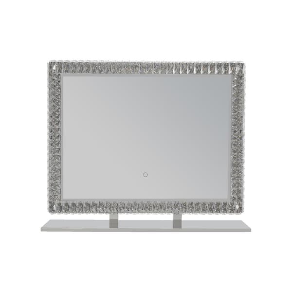HBEZON Exquisite 35 in. W x 27 in. H Medium Rectangular Crystal Border Dimmable Tabletop Bathroom Makeup Mirror in Silver