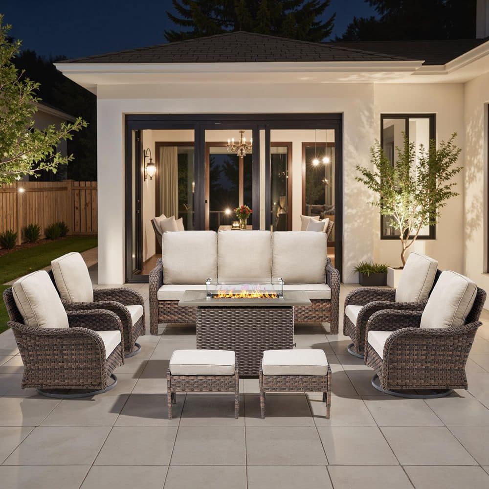 Rainf 8-Piece Brown Patio Conversation Set with Propane Fire Pit Table, Outdoor Sofa Swivel Chairs with Beige Cushions price history on PriceWatchPro