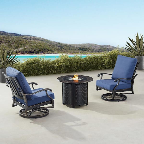 Oakland Living Black 5-Piece Aluminum Patio Fire Pit Set with Blue Cushions