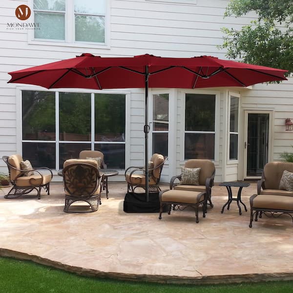 Mondawe 15 ft. Large Double-Sided Outdoor Twin Patio Market Umbrella in Burgundy with Crank and Base