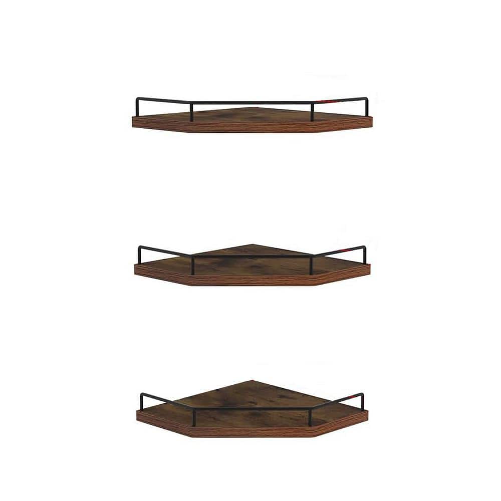 9.84 in. W x 9.84 in. D Brown Wood Corner Decorative Wall Shelf, Set of 3