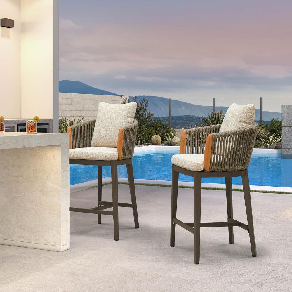 Modern Aluminum Counter Height Outdoor Bar Stool with Teak Armrest, Back and Cushion for Balcony, Kitchen (2-Pack) price history on PriceWatchPro
