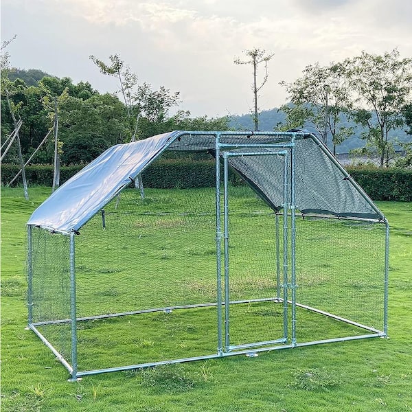 Runesay Metal Large Chicken Coop Walk-in Poultry Cage Large Chicken Run Flat Shaped Cage with Waterproof Anti-Ultraviolet Cover