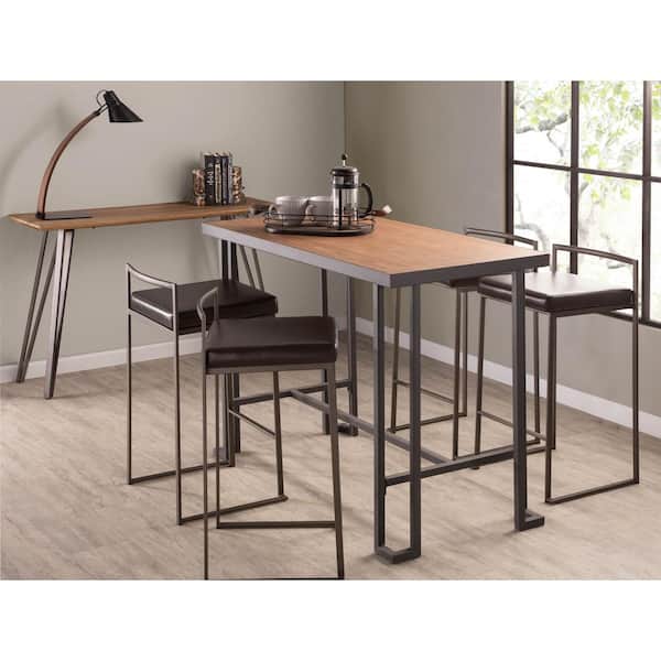 Lumisource Fuji 27.75 in. Espresso Wood-Pressed Grain Bamboo and Antique Metal Fixed-Height Counter Stool Seat (Set of 3)