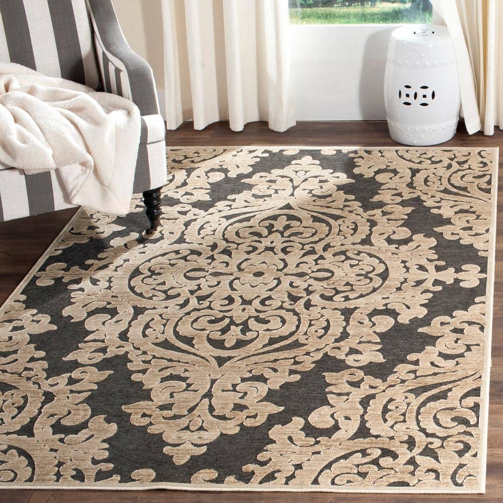 8' x 10' Black Floral Wool and Viscose Rug