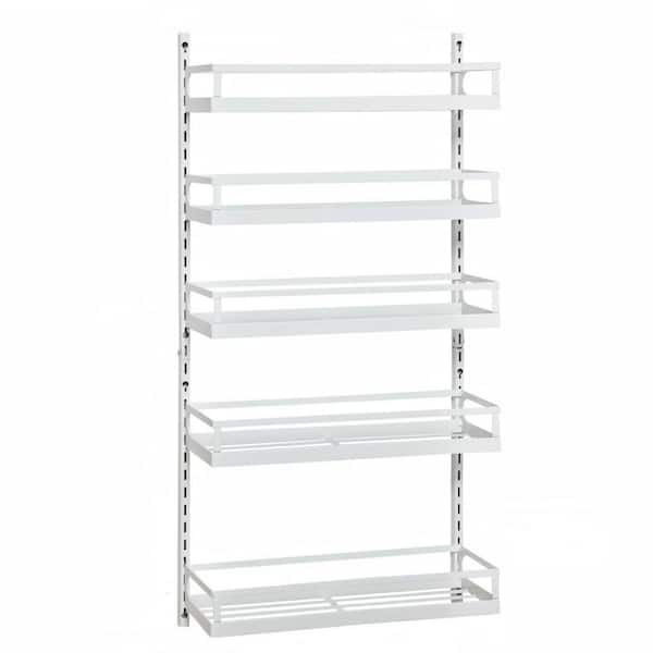 5-Tier White Wall Mount Spice Rack with Hooks, Adjustable Hanging Spice Shelf Storage for Kitchen Pantry Cabinet