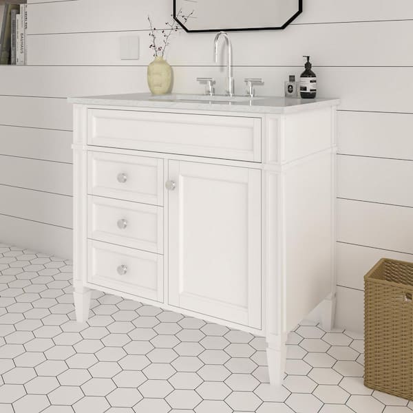 Lydia 36 in. W x 21 in. D x 35 in. H Single Sink Freestanding Bath Vanity in Matte White with Carrara Marble Top