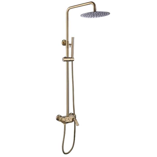 Satico 2-Spray Wall Bar Shower Kit Round Rain Shower Head with Hand Shower in Brushed Gold
