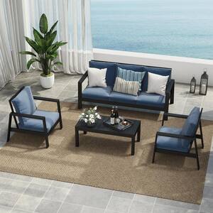 5-Person Aluminum Outdoor Sofa Seating Group With Blue Cushions