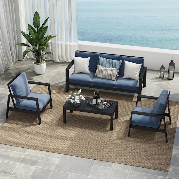 SUNVIVI 5-Person Aluminum Outdoor Sofa Seating Group With Blue Cushions