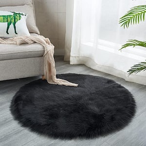 Silky Faux Fur Sheepskin Shag Black 6.6 ft. x 6.6 ft. Fluffy Fuzzy Round Area Rug