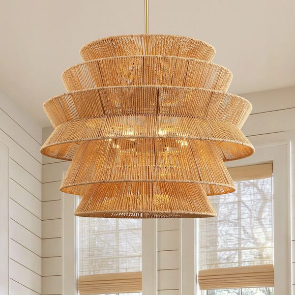 31.5 in. 8-Light Gold Rattan Chandelier with Adjustable Chain for Kitchen, Dining Room, Living Room (Bulbs Not Included)