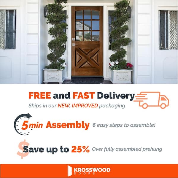 36in.x80in. X-Panel Arch RH Clear Glass RedChestnut Stain Hemlock Wood AssemblyRequired Door Kit w/QuickAssembleJamb