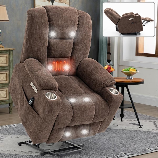 Brown Chenille Power Lift Recliner Chair with Massage and Heat, 2-USB Ports and 2-Steel Cup Holders