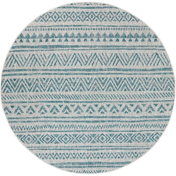 Livabliss Eartha Aqua/Taupe 6 ft. 7 in. x 6 ft. 7 in. Round Trellis Indoor/Outdoor Patio Area Rug