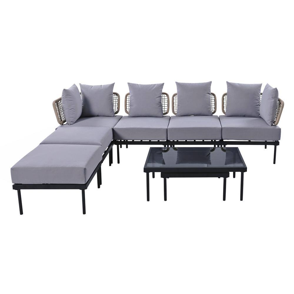 8-Piece Light Grey Steel Patio Sectional Sofa Set with Cushions