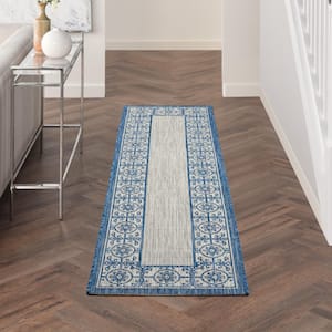 Garden Party Ivory Blue 2 ft. x 8 ft. Kitchen Runner Bordered Transitional Indoor/Outdoor Patio Area Rug