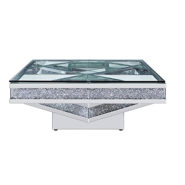 Acme Furniture Noralie 39 in. Silver Medium Square Glass Coffee Table with Pedestal Base