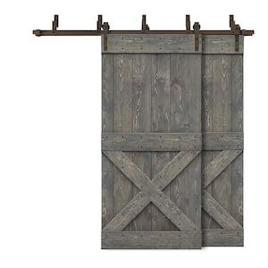 84 in. x 84 in. Mini X Bar Bypass Weather Gray Stained Solid Wood Interior Double Sliding Barn Door with Hardware Kit