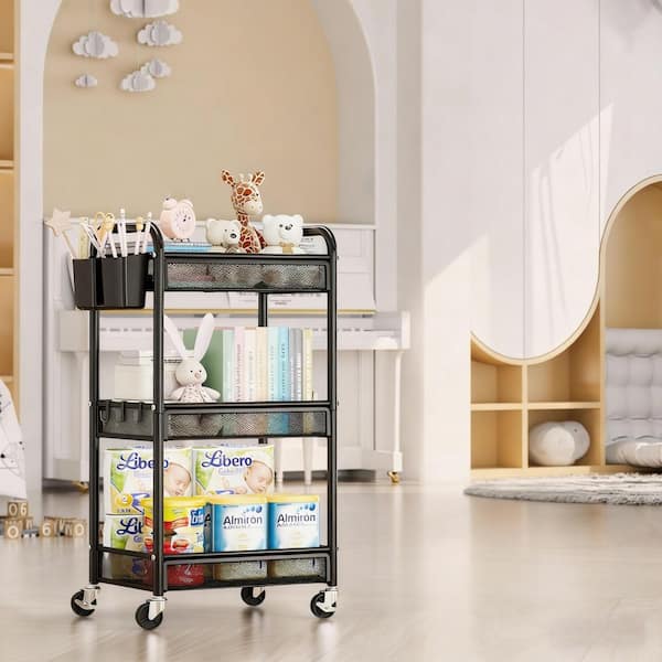 3-Tier Black Metal Utility Storage Carts with Wheels, Hanging Cups, Hooks, Mesh Basket for Bathroom Kitchen Office Art