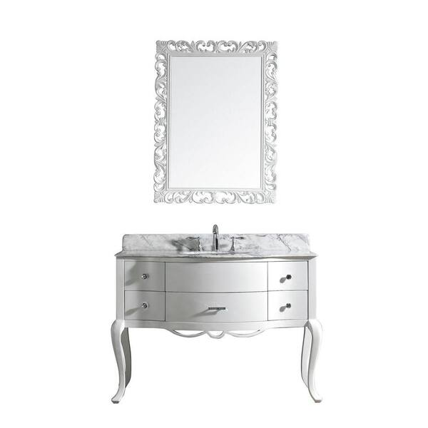 Virtu USA Charlotte 48 in. Single Basin Vanity in White with Marble Vanity Top in Italian Carrera White and Mirror