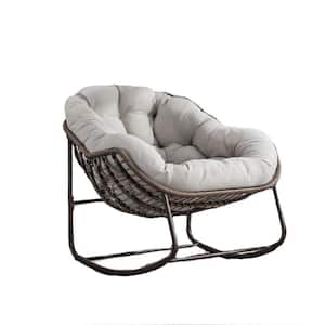 Brown Wicker Outdoor Rocking Chair Rocker Lounge Chair with Beige Padded Cushions