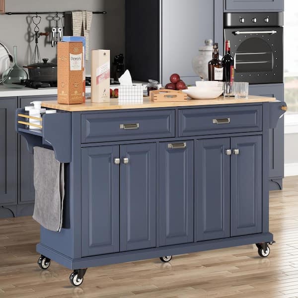 Unbranded Blue Rubber Wood Kitchen Cart with 4 Door Cabinet,3-Drawers, Spice Rack and Towel Rack