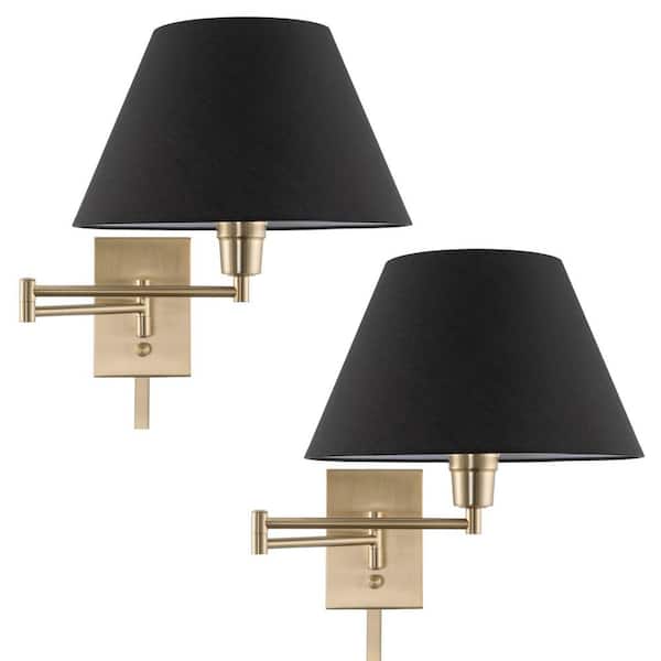 Kira Home Cambridge 13 in. 1-Light Cool Brass 60-Watt Modern Wall Sconce with Black Shade, 2-Pack