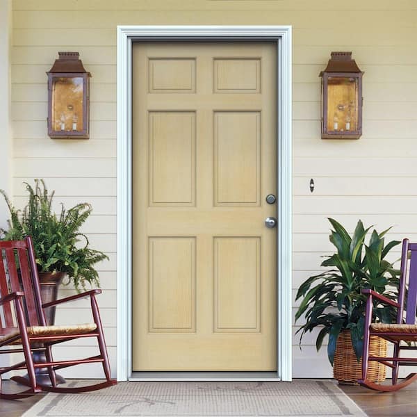 6-Panel Unfinished Hemlock Prehung Front Door with Primed White AuraLast Jamb and Brickmold