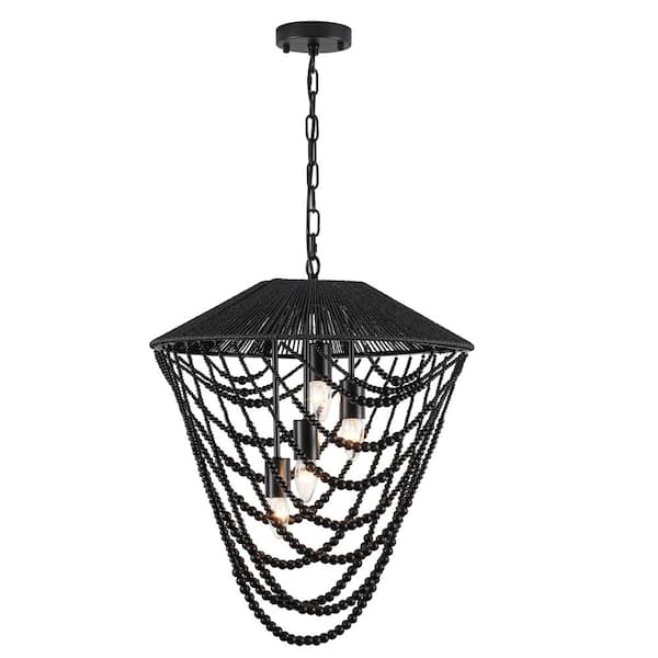 Farmhouse 4-Light Black Natural Wood Beaded Tiered Chandelier with Rattan Accents