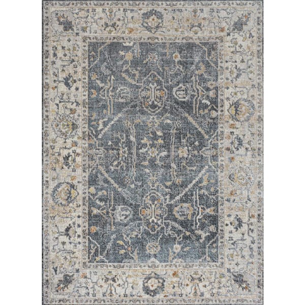 Brandy Rustic Border Low-Pile Machine-Washable Dark Gray/Cream 5 ft. x 8 ft. Area Rug