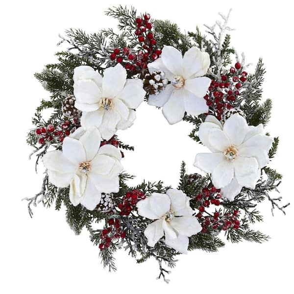 Nearly Natural 22 in. Artificial Snowed Magnolia and Berry Wreath