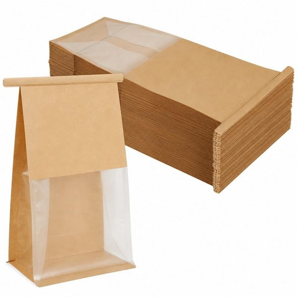 Brown Kraft Bakery Bags with Window, Tin Tie Tab Lock, Stand-Up Square Bottom Cookie Bags for Cookies, Coffee (100-Pack)