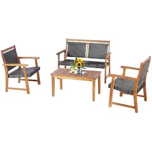 4-Pieces Acacia Wood Patio Conversation Set Outdoor Rattan Furniture Set