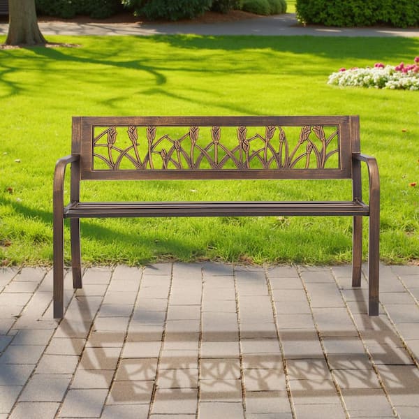 Outdoor Bench, 20.5 in. W 2-3 Persons Antique Bronze Metal Frame Weatherproof Outside Bench for Patio, Garden