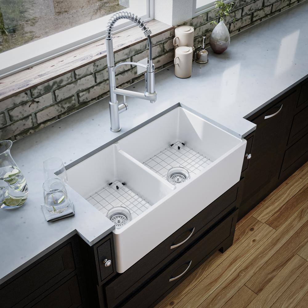 White 33" Double Bowl Fireclay Farmhouse Kitchen Sink