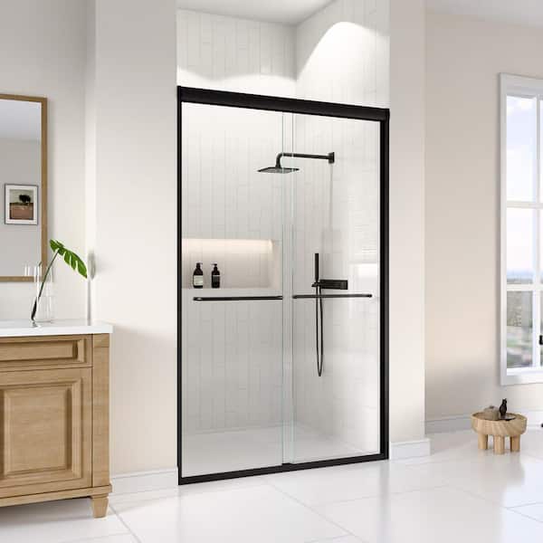 48 in. W x 72 in. H Double Sliding Framed Shower Door in Matte Black with SGCC 1/4 in. (6 mm) Tempered Clear Glass