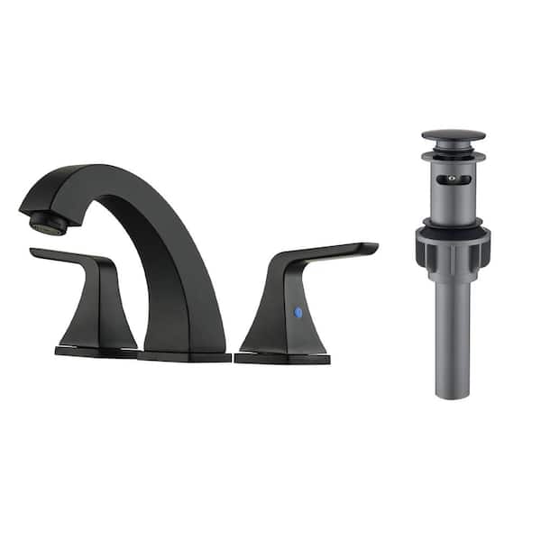 Lukvuzo 8 in. Widespread Double Handle Mid Arc Bathroom Faucet with Pop-Up Sink Drain in Matte Black