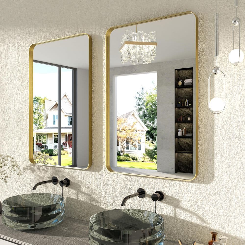 24 in. W x 36 in. H Rounded Rectangle Framed Wall Bathroom Vanity Mirror in Brushed Gold price history on PriceWatchPro