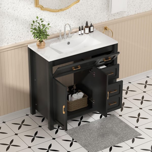 30 in. Freestanding Black Bath Vanity with White Ceramic Top Unassembled, 4" Pre-drilled Faucet Holes