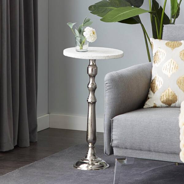 Litton Lane 13 in. Silver Large Round Terrazzo End Accent Table with Marble Top