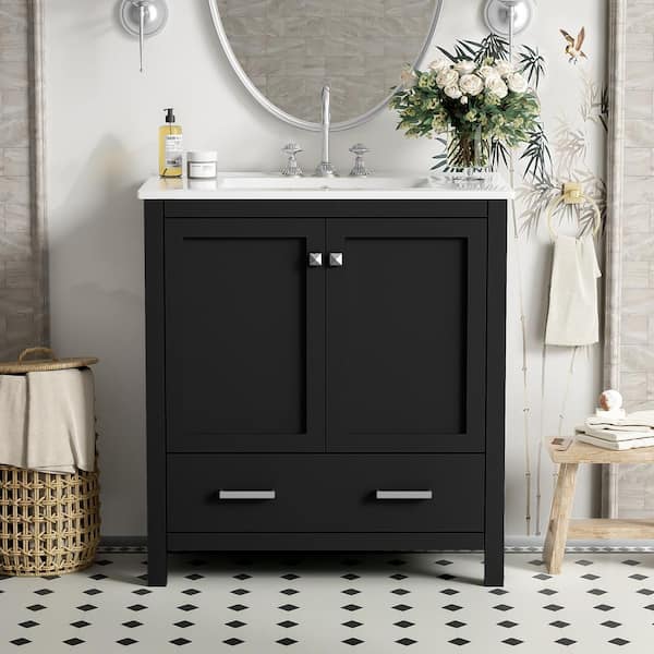 Qualler 30 in. W x 18.3 in. D x 34 in. H Single Sink Freestanding Bath Vanity in Black with White Ceramic Top