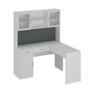 55.1 in. Width L-Shape White Wooden 2-Drawer Computer Desk, Writing Desk with Lifted Tabletop, and 8-Shelf