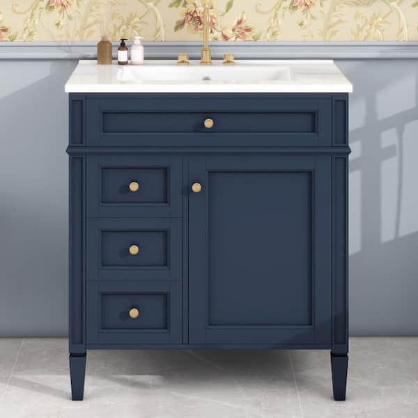 Single Sink Freestanding Blue Bath Vanity with White Ceramic Top, Adjustable Shelf, 3-Drawers, Door Racks