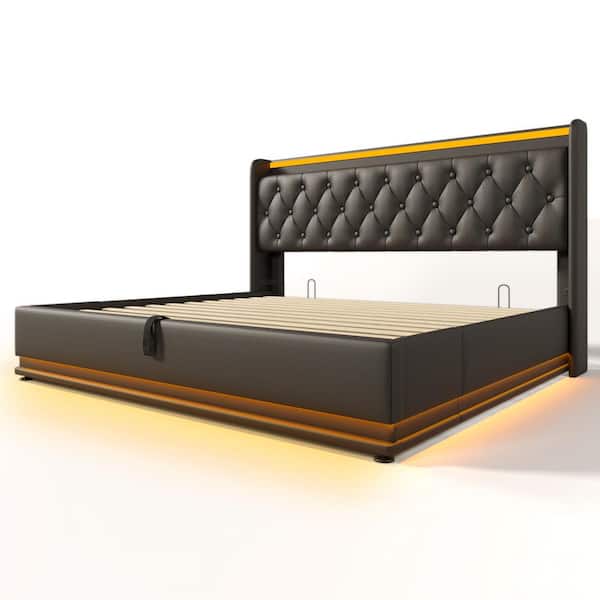 Black Wood and Metal Frame Upholstered PU King Platform Bed with Hydraulic Storage, USB Charging and 360° LED Light