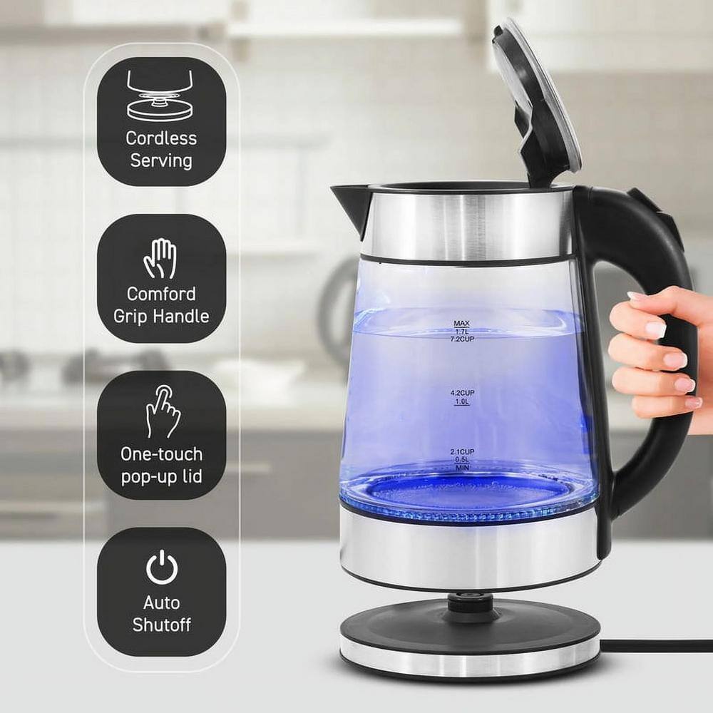 Elite 1.7L Cordless Glass Kettle with Stainless Steel Accents