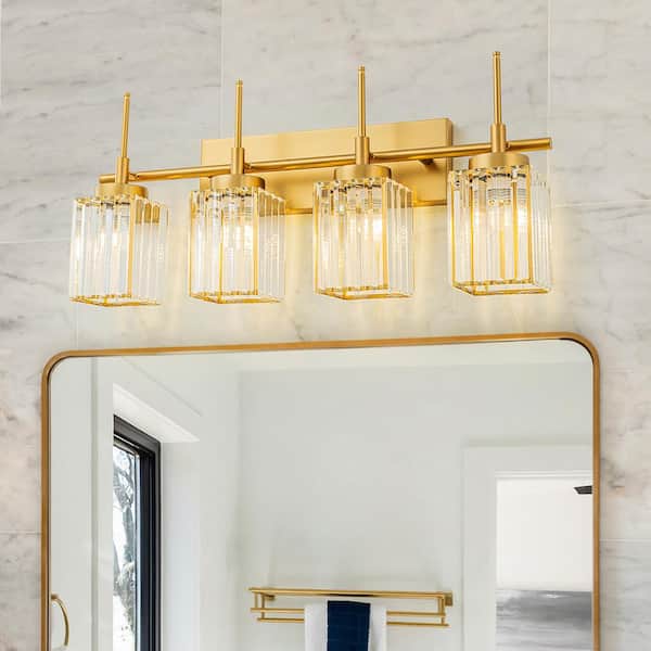 EDISLIVE Orillia 27.17 in. 4-Light Modern Industrial Gold Bathroom Vanity Light with Crystal Square Shades