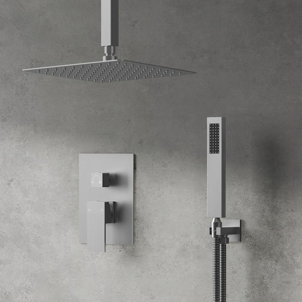 GRANDJOY Classic Rain 10 in. Single Handle 2-Spray Shower Faucet 2.5 GPM with Pressure Balance in. Brushed Nickel Valve Included