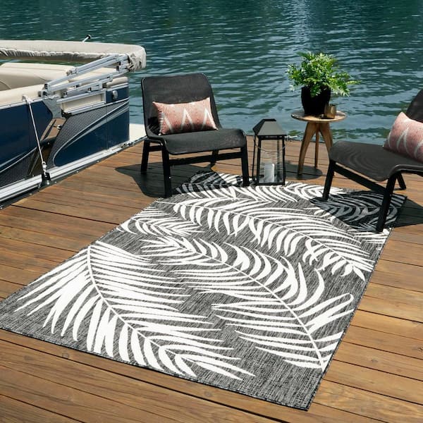Outdoor Botanical Palm Charcoal 6 ft. 1 in. x 9 ft. Area Rug